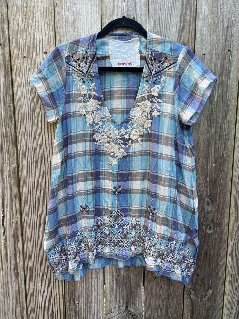 JOHNNY WAS Purple Blue Plaid Embroidered Boho SS Women’s Small Top - Picture 2 of 11